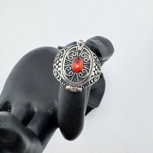 Vintage Silver Tone Poison Ring Red Rhinestone Locket Gothic Filigree Statement